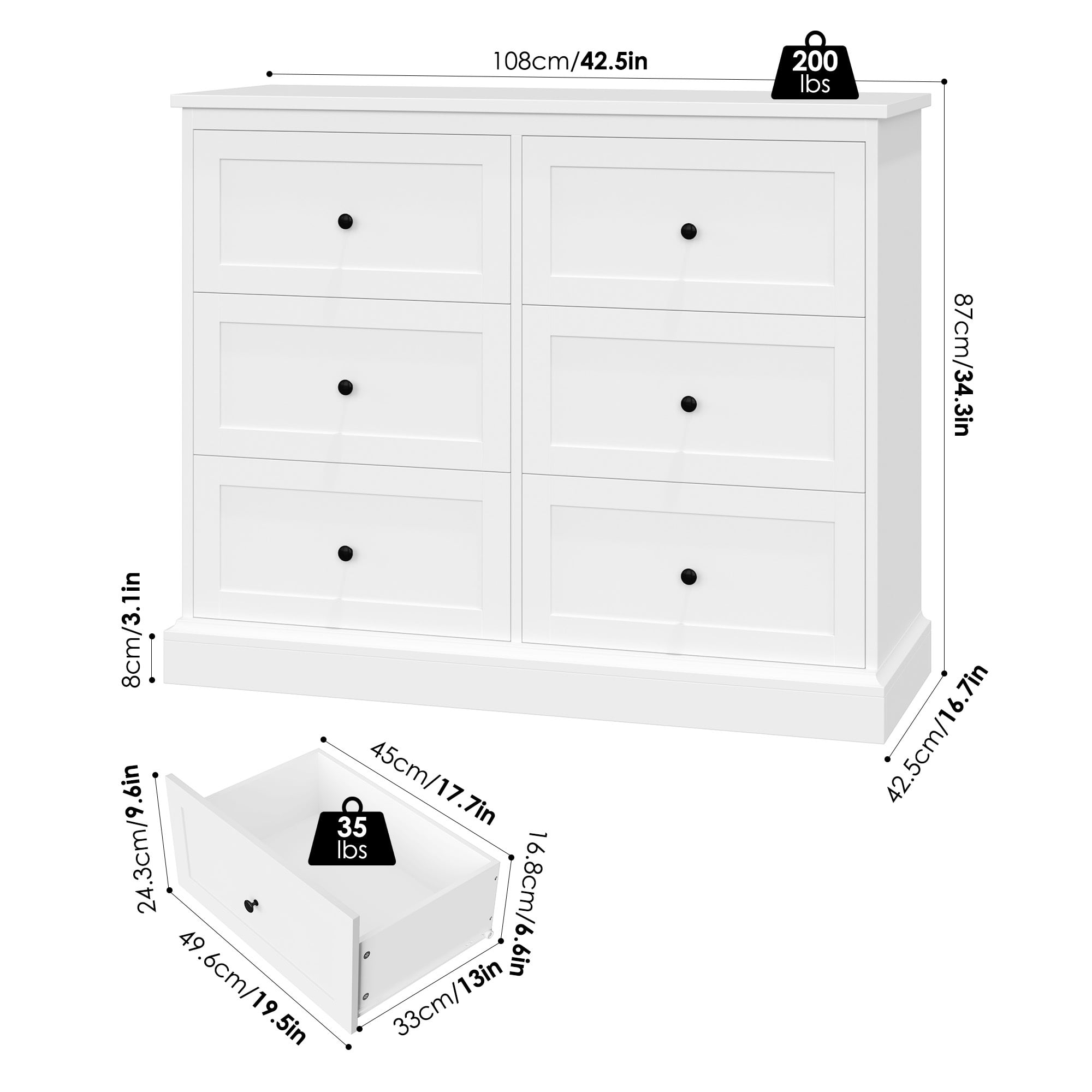 Homfa 6 Drawer Double Dresser White, Wood Storage Cabinet for Living Room, Chest of Drawers for Bedroom