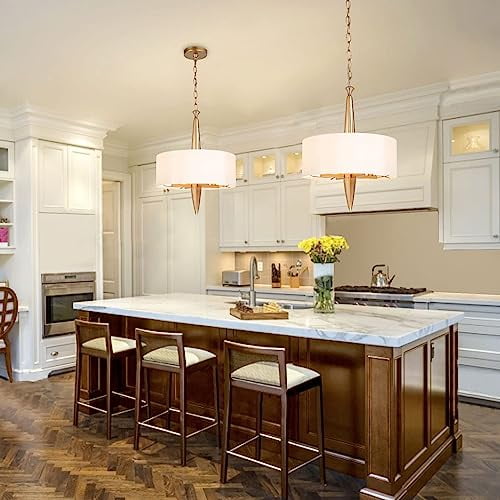 KSANA Gold Chandeliers, Modern Drum Hanging Light Fixture with White Fabric, 4 Light Chandelier for Dining Room Living Room Foyer