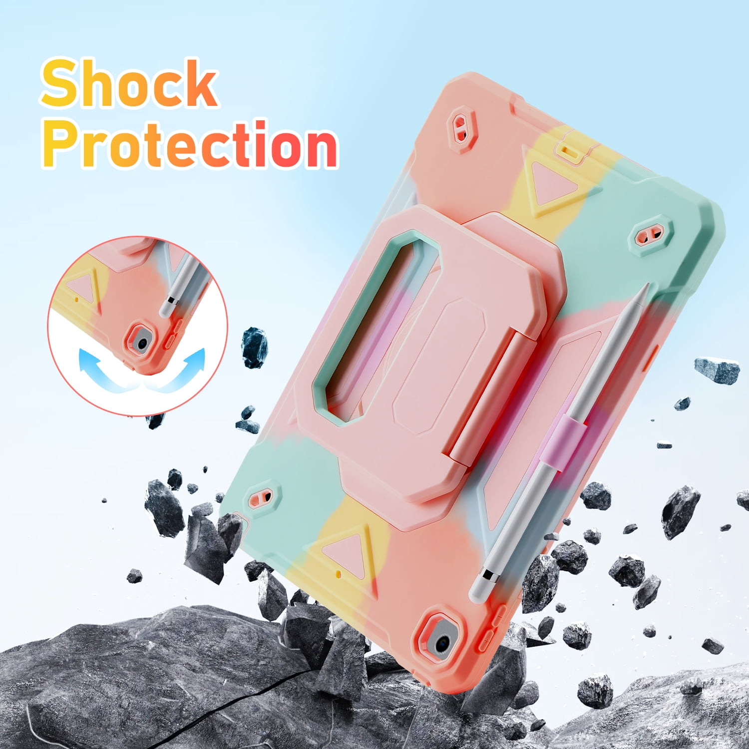 Allytechgroup Heavy Duty Shockproof Case Cover for Apple iPad 9th 8th 7th Generation, Ultimate Protection with Handle Stand, Shoulder Strap, and Pencil Holder Kids Friendly, Colorful Pink
