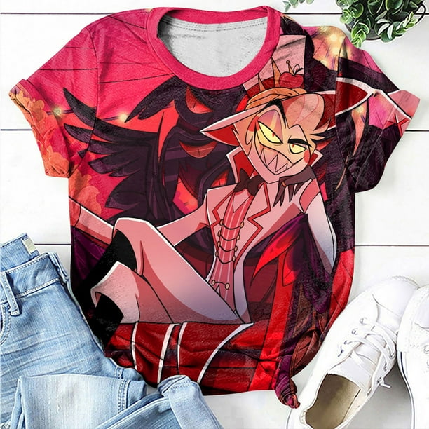 Hazbin Hotel Moda Casual Mujer Impreso Manga Corta Cuello Redondo Pullover Tops Rojo/XL