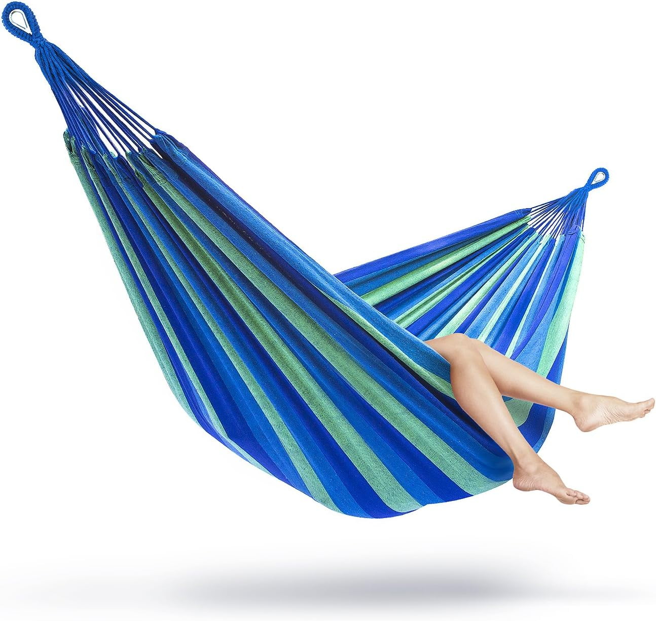 Sorbus Brazilian Double Hammock, Extra-Long Two Person Portable Hammock Bed for Any Indoor or Outdoor Spaces, (Green/Blue Stripes)