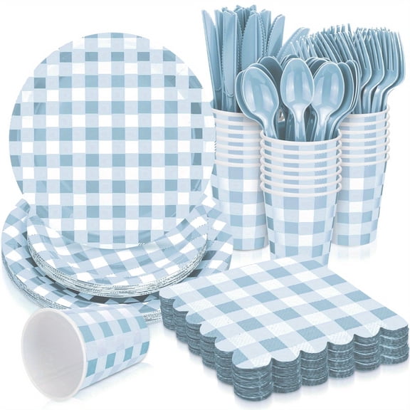 Light Blue Gingham Disposable Party Supplies Serves 24 Guests, Complete Tableware Kit with Paper Plates, Napkins, Cups, Knives Spoons Forks for Baby Shower Picnic BBQ