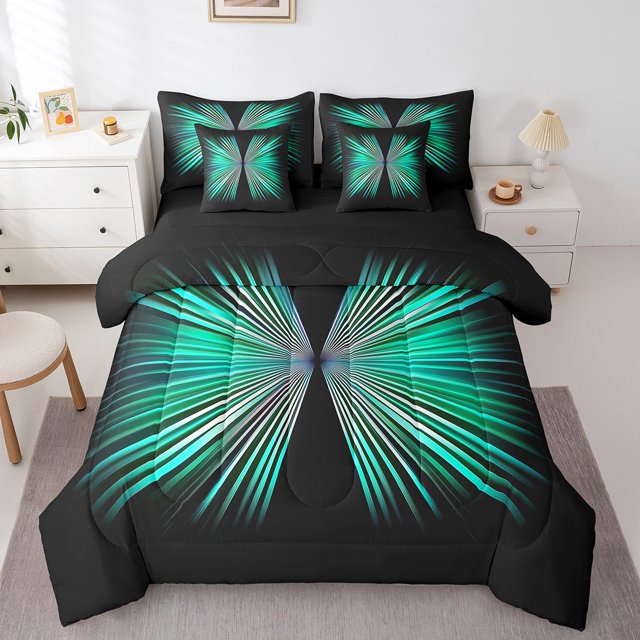 Erosebridal Ensemble de Literie Noir Vert Taille Simple, Ensemble de Couette à Rayures Géométriques avec Draps, Réversible 7 Pcs