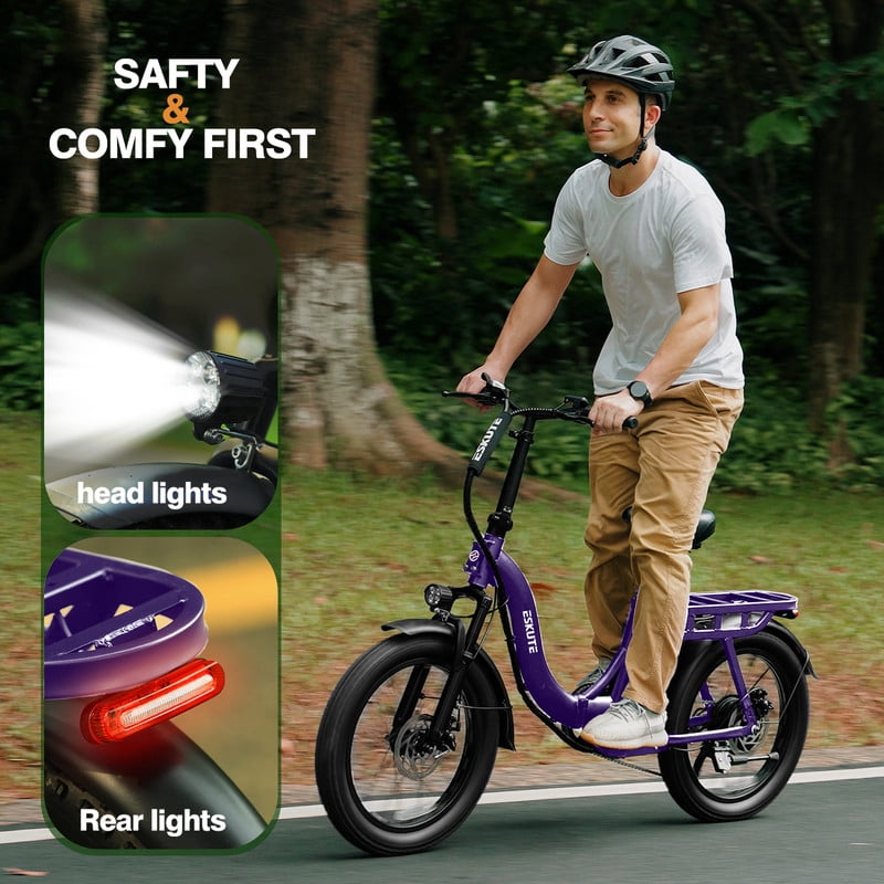 ESKUTE D200 Electric Bike for Adults Teens Students, 750W Peak Motor 28 Mph, 48V 10.4Ah Battery Up to 55 Miles, with 7‑Speed Step‑Through Cargo Fold E Bicycle, NFC Unlock, Purple with Lock, UL2849