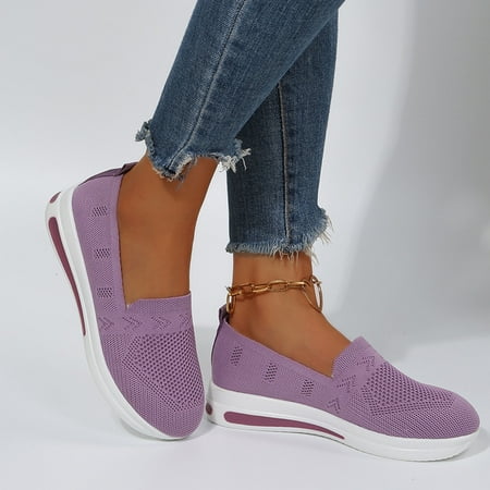 CAICJ98 Tennis Shoes Womens Women s Slip on Flat Shoes Comfortable Knit Loafers Lightweight Nurse Walking Sneakers Purple