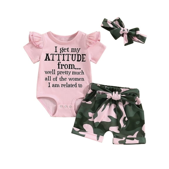 Baby Funny Letter Print Pink Romper Tops Camouflage Shorts Newborn Coming Home Outfits