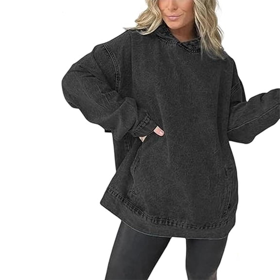 Akafmk Womens Long Sleeve Maternity Tops,Women's Maternity Hooded Denim Hoodie With Pocket Loose Pullover Long Sleeve Casual Pregnancy Tops