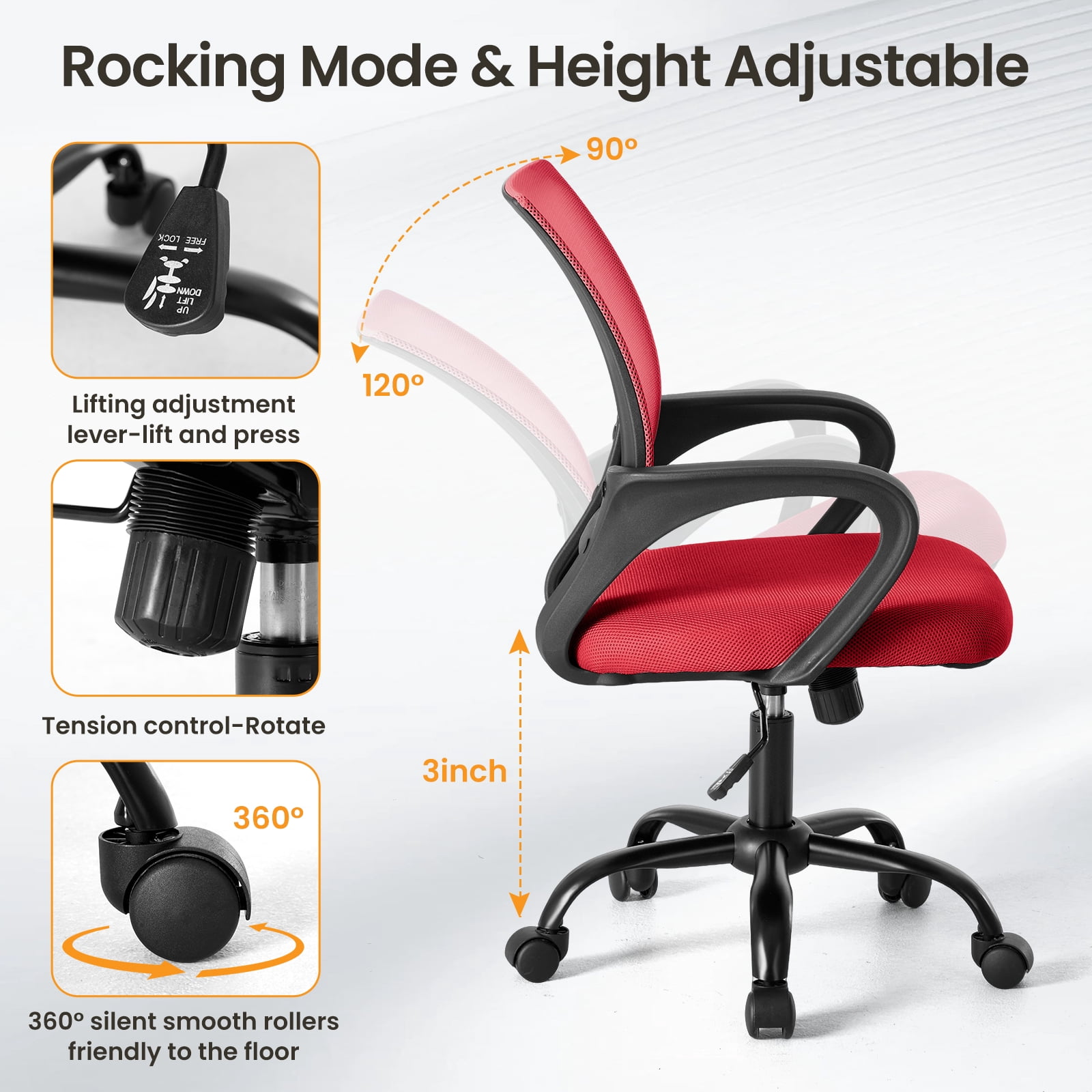 Gianna Ergonomic Office Chair, Mid-Back with Lumbar Support, Rocking and 360° Swivel for Home, Gaming, or Office