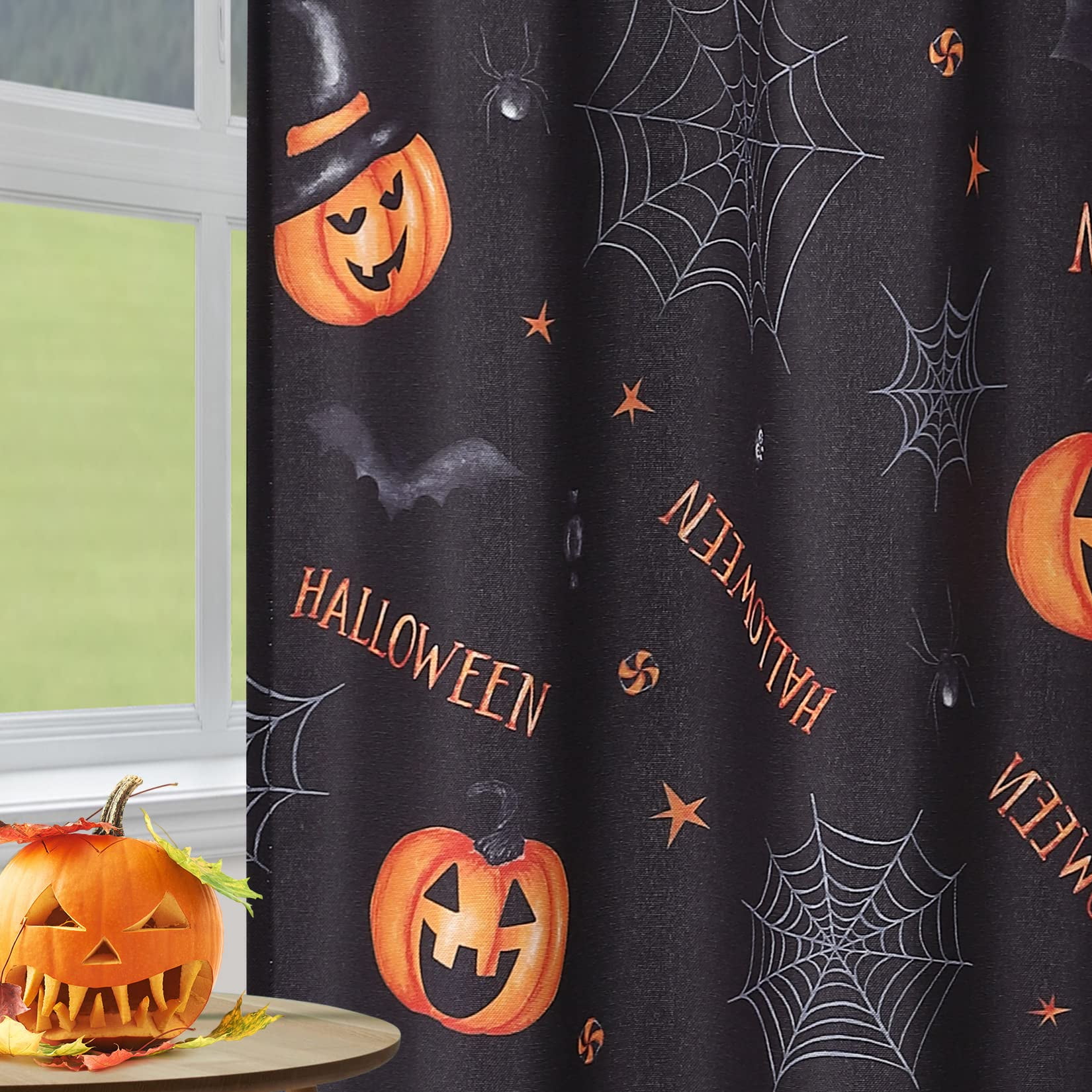  Tab Top Window Curtain,Happy Halloween Spiders- Web Black Tier  Curtains Panels Kitchen Valance 2 Drapes,Black White Pumpkin Ghost Face  Light Filtering Window Treatment for Bathroom Bedroom Cafe : Home & Kitchen