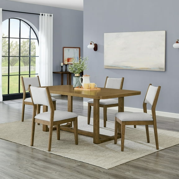 Roundhill Furniture Parker 5-Piece Dining Set, Trestle Dining Table with 4 Stylish Chairs, Light Oak