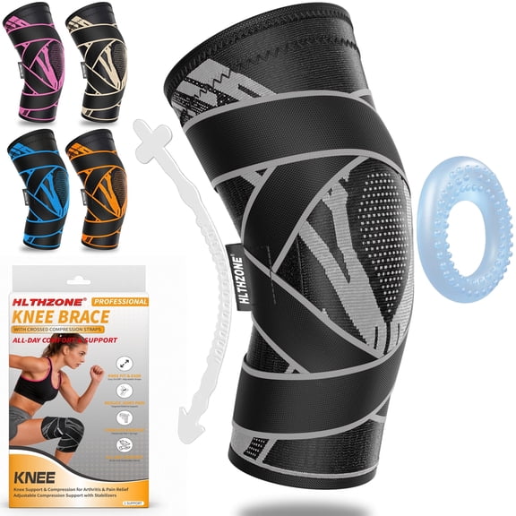 HLTHZONE Adjustable Compression Knee Brace – Patella Gel Pad & Stabilizers for Sports & Joint Pain Relief, Black/Gray