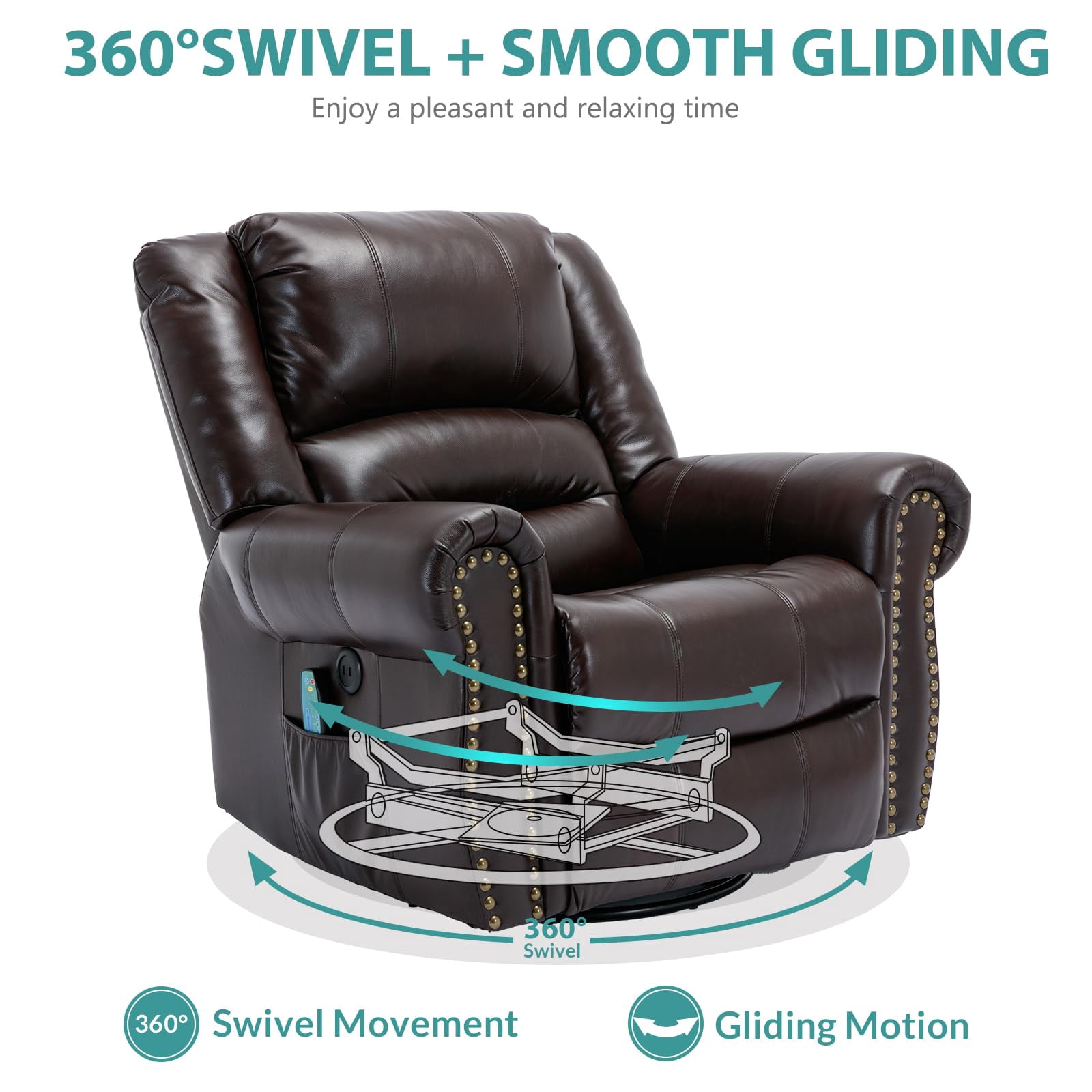 MEETWARM Massage Swivel Rocker Recliner with Heat and Vibration, Manual Glider Rocking Recliner Chair, 360°Swivel Lounge Reclining Chair with Remote Control/USB Ports for Living Room(Dark Brown)