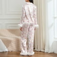 thumbnail image 4 of Women Christmas Silk Pajamas Lounge Set Print Button Down Fur Trim Shirts Tops Pants Set 2pcs Sleep Loungewear Outfits, 4 of 8