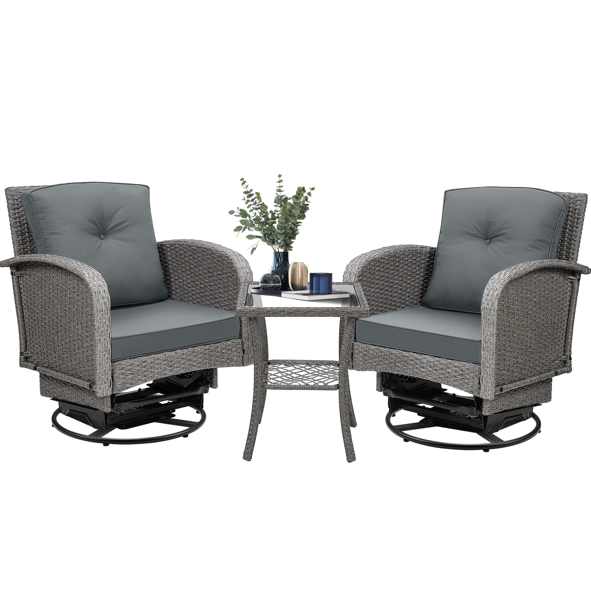 3pcs Patio Furniture Set on Sale, Rattan Outdoor Conversation Set of 2, Patio Bistro Set w/ 360° Swivel Rocking Chairs & Table, Gray Thickened Cushions