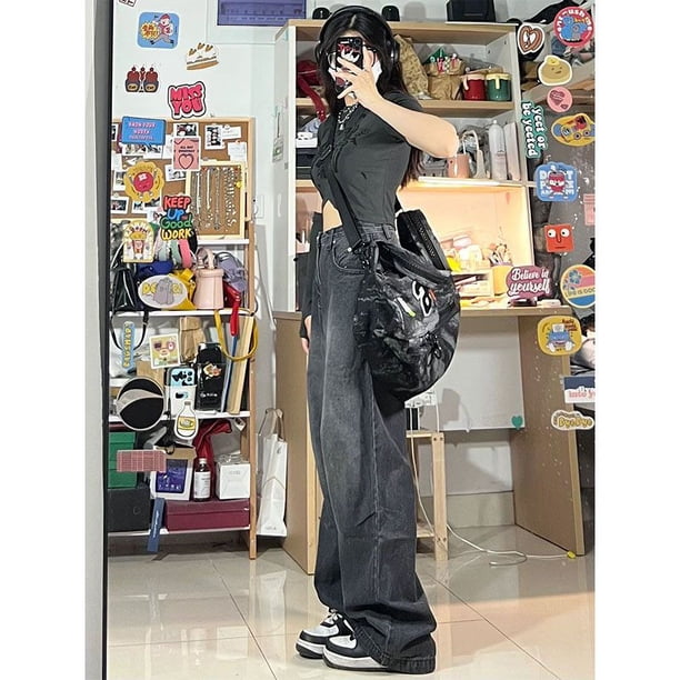 Vaqueros negros Vintage de cintura alta para mujer, pantalones vaqueros rectos de pierna ancha de longitud completa Y2k, ropa de calle lavada, moda coreana