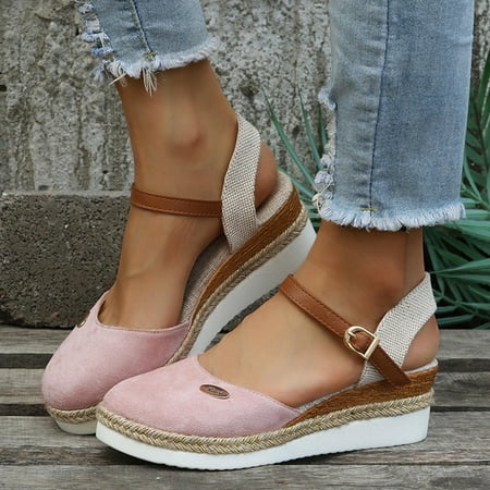 

YODETEY Women s Summer Sandals Lightweight Hemp Rope Braided Buckle Sandals Thick Soles Comfortable Casual Sandals Large Size Hollow Wedge Sandals Pink