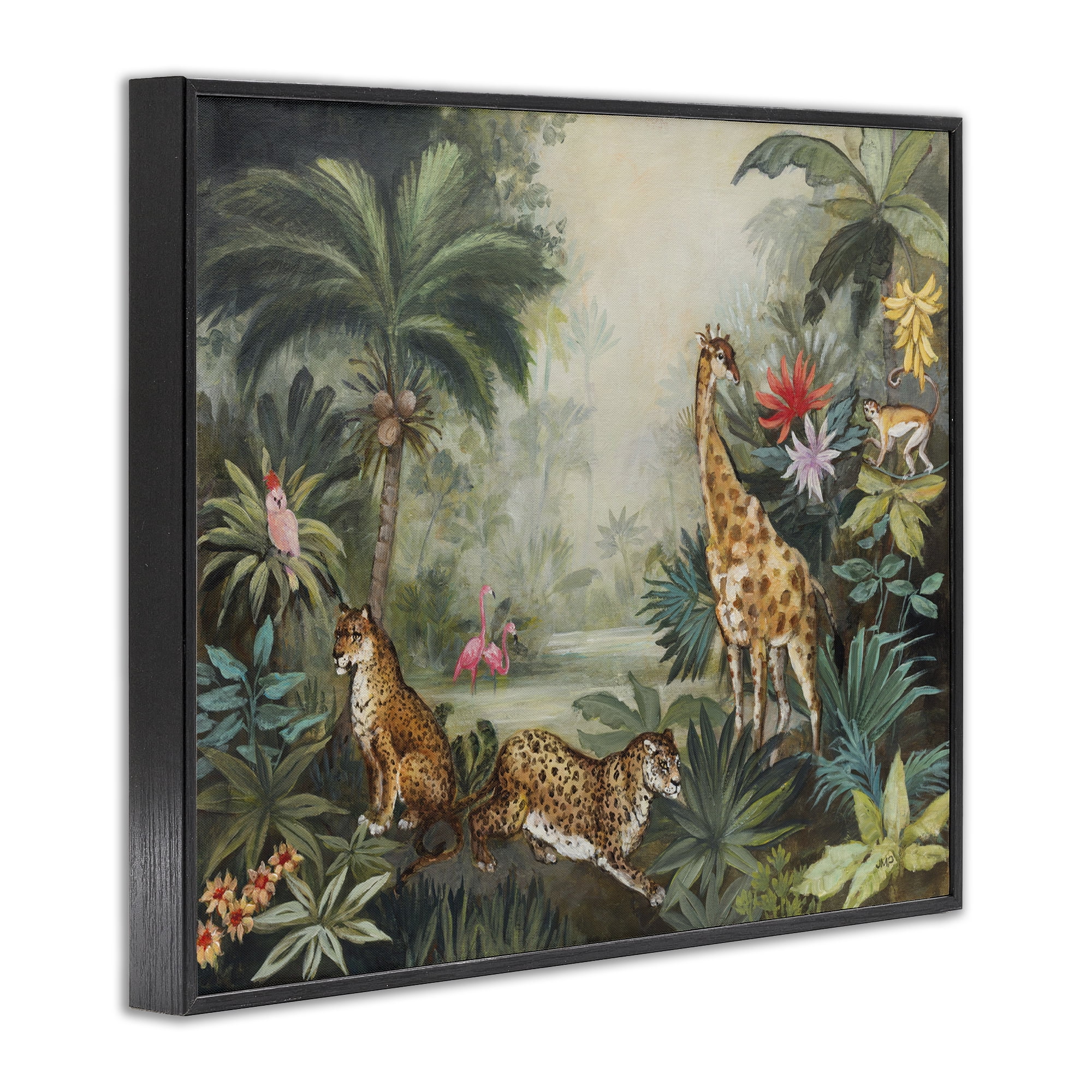 Stupell Industries Tropical Animals in Jungle Landscape Painting Black Framed Art Print Wall Art, 20 x 16