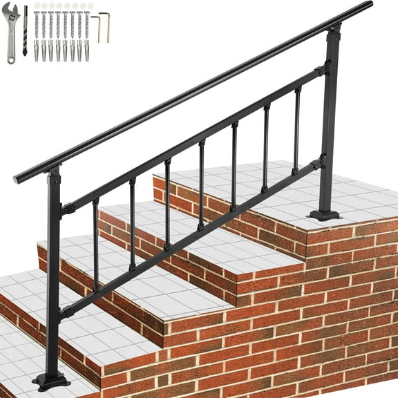 VEVOR 1-4 Steps Outdoor Stair Handrail, Adjustable from 0 to 50 degrees Exterior Stair Railing, Transitional Wrought Iron Handrail, Handrails for Concrete Steps with Installation Kit, Matte Black