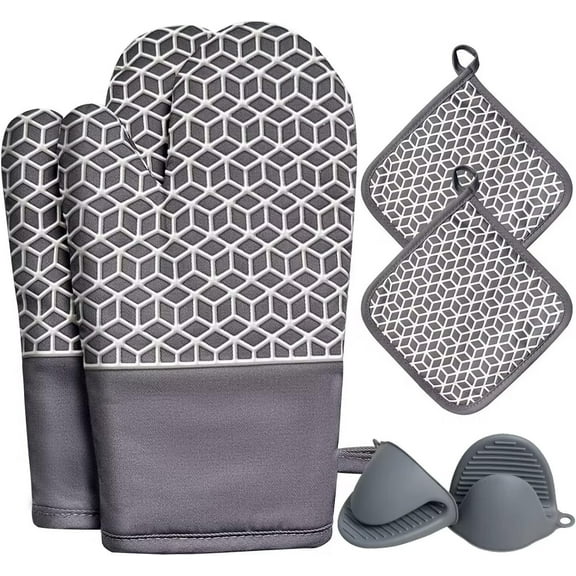 Oven Mitts and Pot Holders Sets 6pcs, Thick Cotton Oven Gloves High Heat Resistant 500℉with Extra Long Oven Mitts and Hot Pads Potholders with Non-Slip Silicone Surface for Cooking Baking