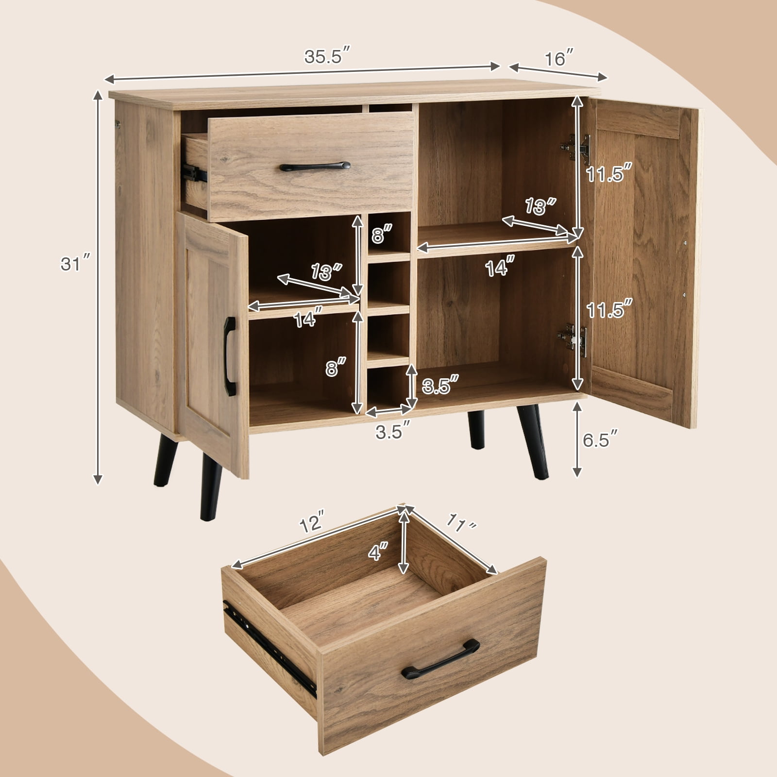 Costway 2-Door Wine Bar Cabinet Kitchen Sideboard Buffet with Drawer & Adjustable Shelves Natural