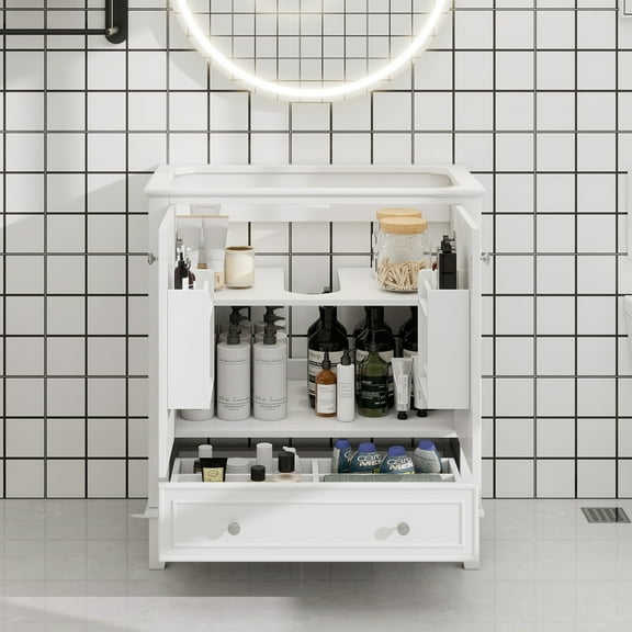 30" Bathroom Vanity without Sink, Base Only, Multi-functional Bathroom Cabinet with Doors and Drawer, Solid Frame and MDF Board, White