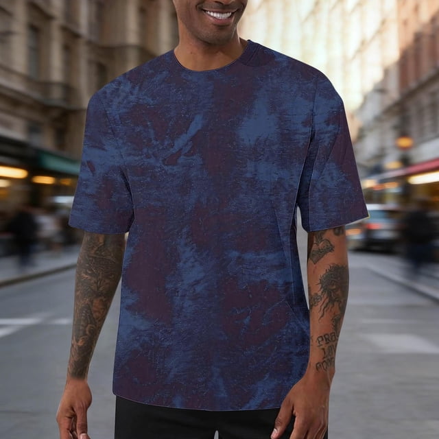 Ceisia Men's Casual Solid Color T-shirt High Elastic Loose Fit Short Sleeve Round Neck All Season Sport Tee Tops Blue M Gifts