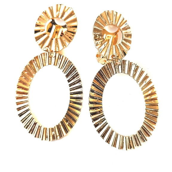 Clip-on Earrings Ridged Oval Dangle Hoops Gold Tone 2.25 inch