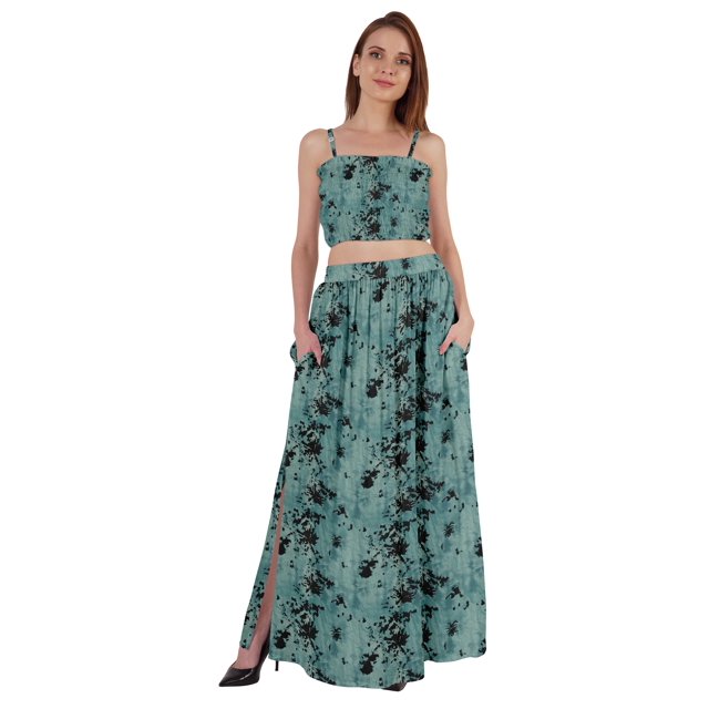 Bimba 2 Pcs Robe de Plage Aguichant pour Femmes Imprimée Smockée Crop Top & Longue Jupe Ensemble