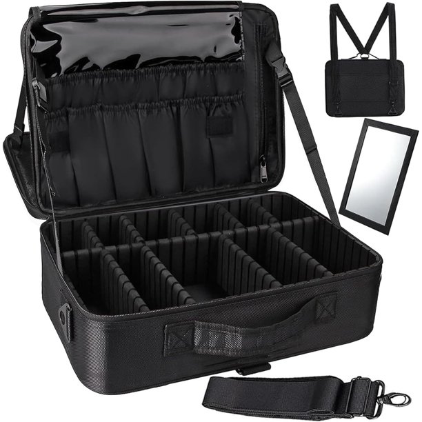 Estuche de Maquillaje de Viaje Bolsa de Cosméticos - Con Espejo, Profesional Organizador de Maquillaje Impermeable con Divisor Ajustable, Bolsa de Almacenamiento