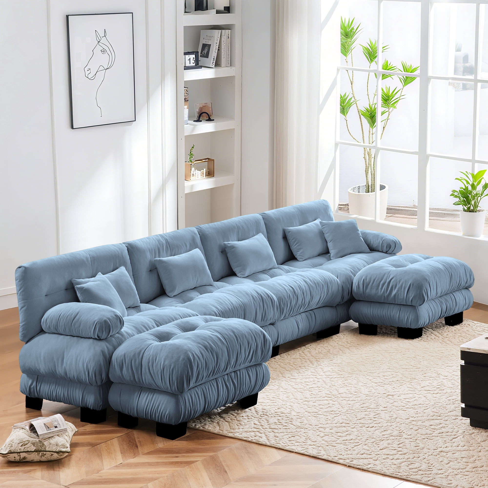 FFH 173.2" Modular Sectional Sofa, U Shaped Couch for Living Room, 4-Seater Comfy Cloud Couch with Deep Seat (Chenille Blue, 4 Seater with 2 Ottomans)