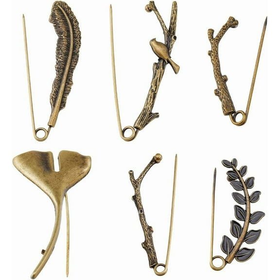 6pcs Extra Large Decorative Fashion Safety Pins 6 Styles Vintage Alloy Brooches Heavy Duty Retro Tree Leaf Branch Brooch Pin for Clothing Dress Skirt Hat Scarf Blanket
