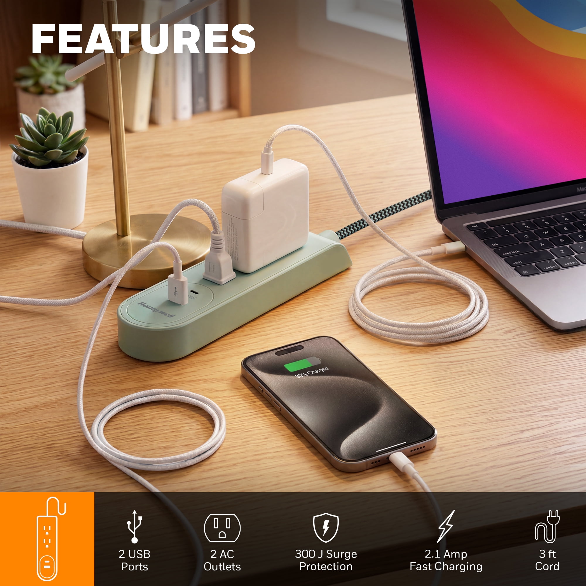 Honeywell 3 ft. Fabric Power Strip with 2 AC & 2 USB Ports (2.1A), 45° Angled Flat Plug (Sage Green)