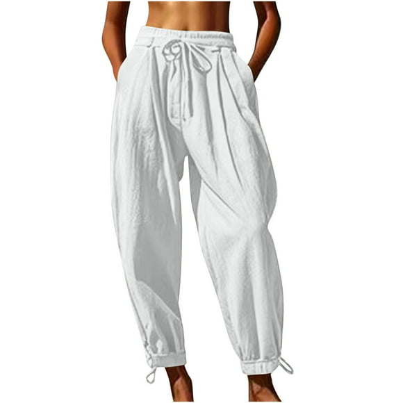 LLYwey Linen Pants Women Drawstring Elastic Waist Pull on Ankle Pants Casual Solid Color Side Lace up Cropped Joggers with Pockets , St4, White, XXL