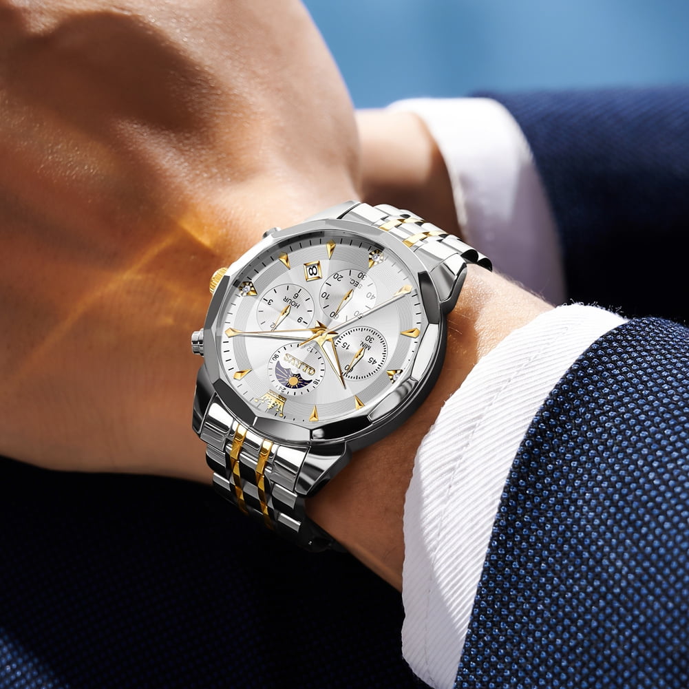 OLEVS Watches For Men Business Dress Luxury Casual Chronograph Multifunction Analog Quartz Stainless Steel Waterproof Luminous Moon Phase Date Men Wrist Watches Reloj Para Hombre White Dial