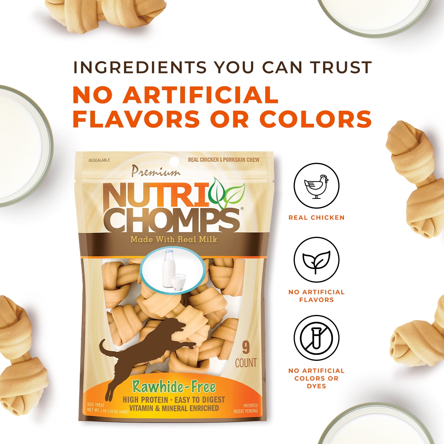 Nutri Chomps Milk Flavor Premium Rawhide-Free Knotted Dog Chews 4 inch 9 Count