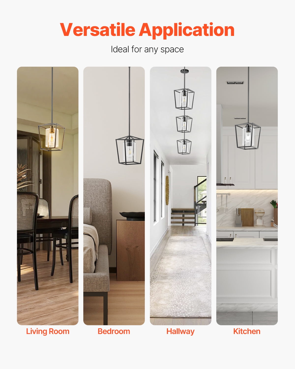 VEVOR 1-Light Black Pendant Light, 1 Pack, Farmhouse Iron Cage Metal Pendant Lighting with Clear Glass Shade, Adjustable Height Hanging Ceiling Lighting for Bedroom, Hallway, Entryway, Kitchen