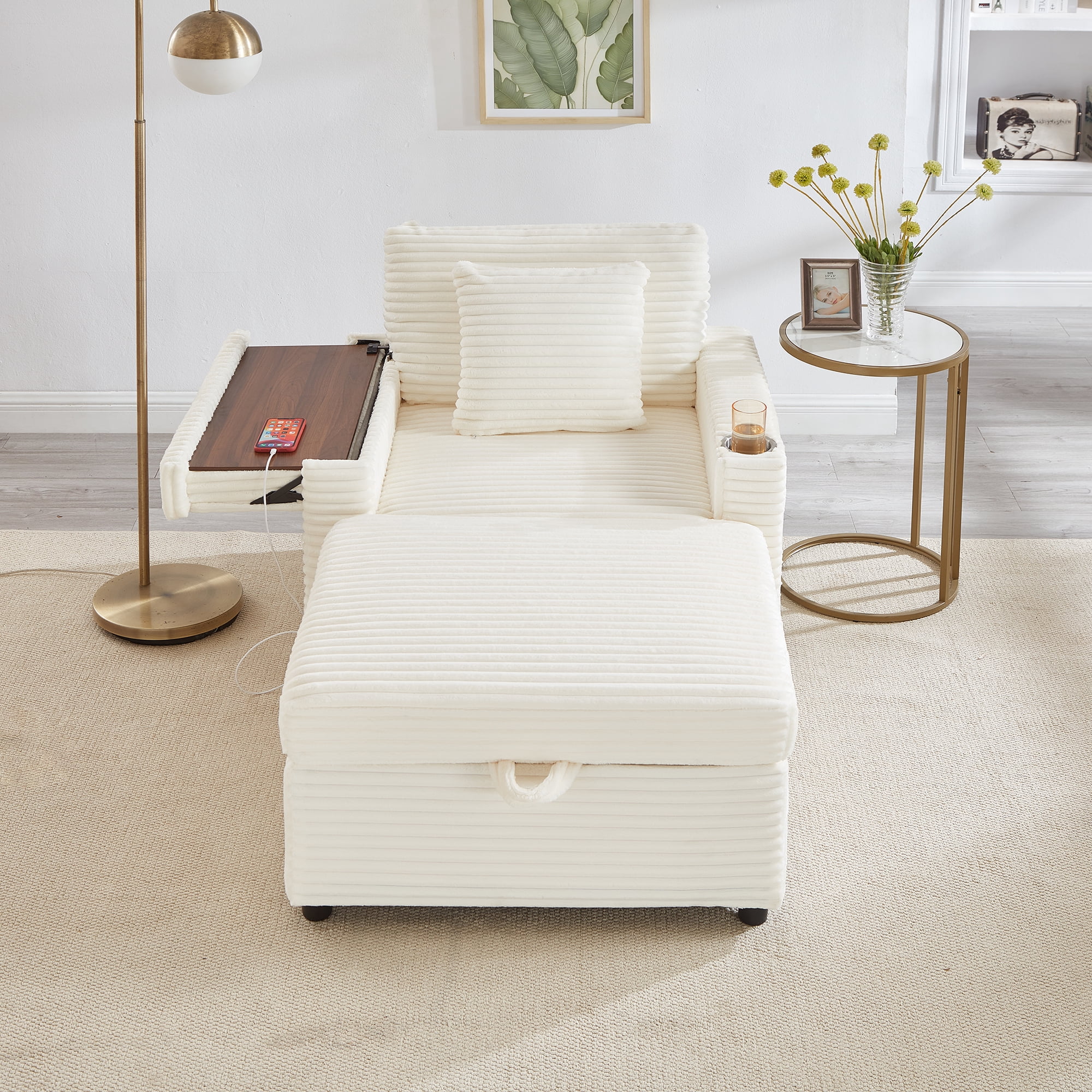 34.5" Soft Chaise Lounge Accent Chair Set with Ottoman, Table Board and Cup Holder
