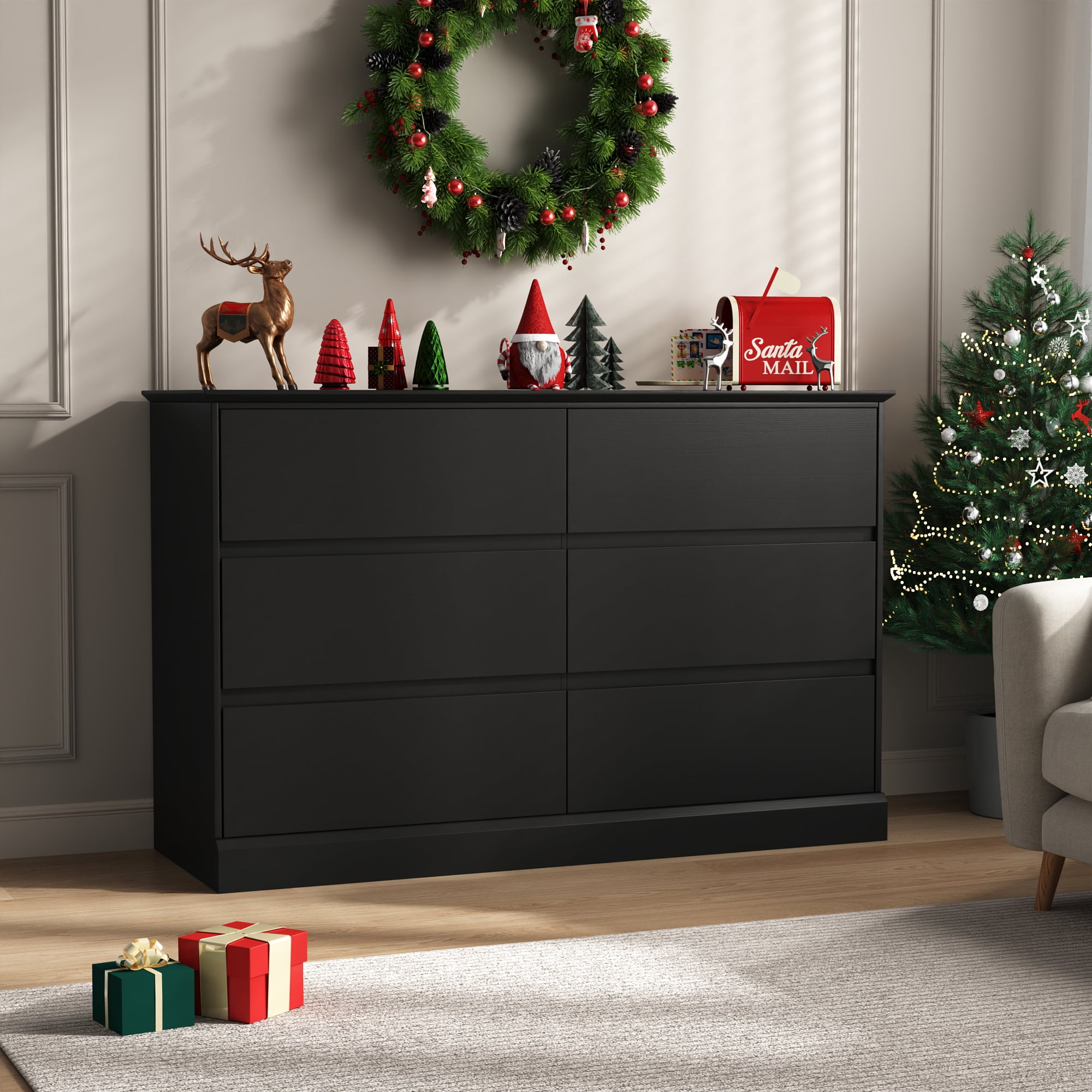 Black Dresser 6 Drawer Dresser Chests of Drawers Wood Storage Side Large Cabinet for Bedroom Closet Living Room