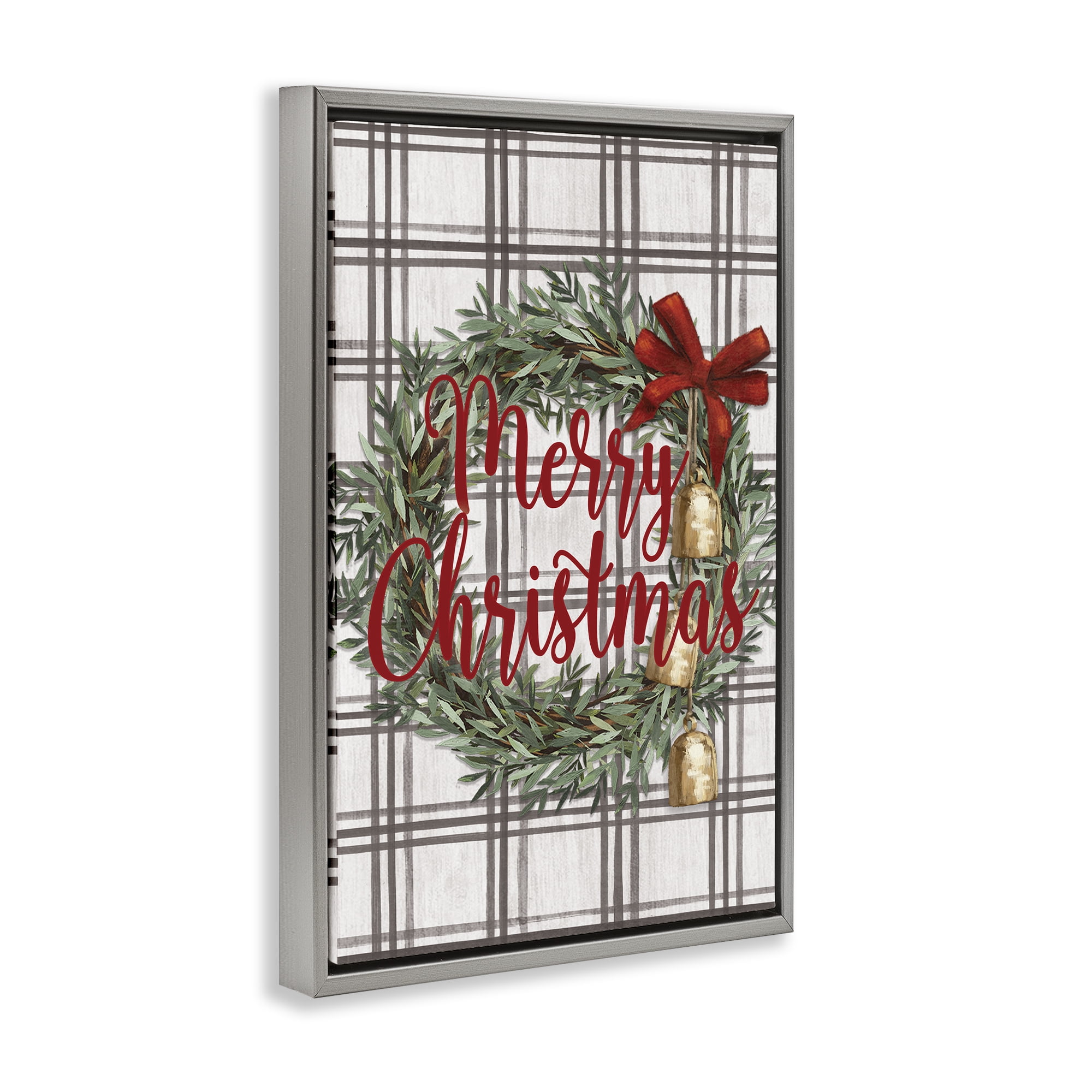 Stupell Industries Plaid Christmas Wreath Holiday Painting Gray Floater Framed Canvas Art Prints Wall Art, 17 x 25