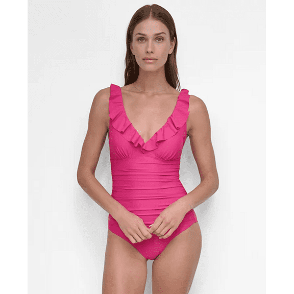 DKNY Ruffle Plunge Underwire Tummy Control One-Piece Swimsuit, Large
