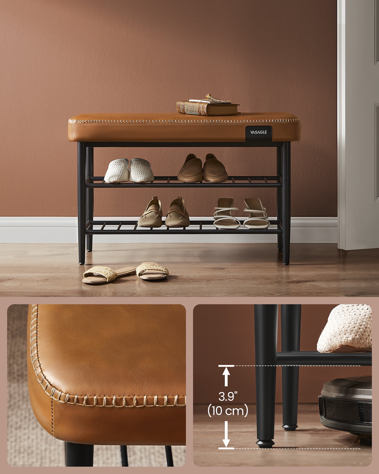 Storage Bench, Shoe Rack Bench Entryway, Synthetic Leather with Stitching, Caramel Brown