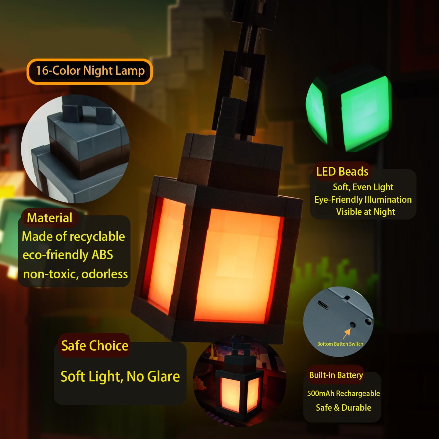 Pixelated Lantern Night Light, 16 Colors Rechargeable LED Lamp with Remote, Retro Pixel Style Table/Wall Light for Bedroom Gaming Kids Room Decor