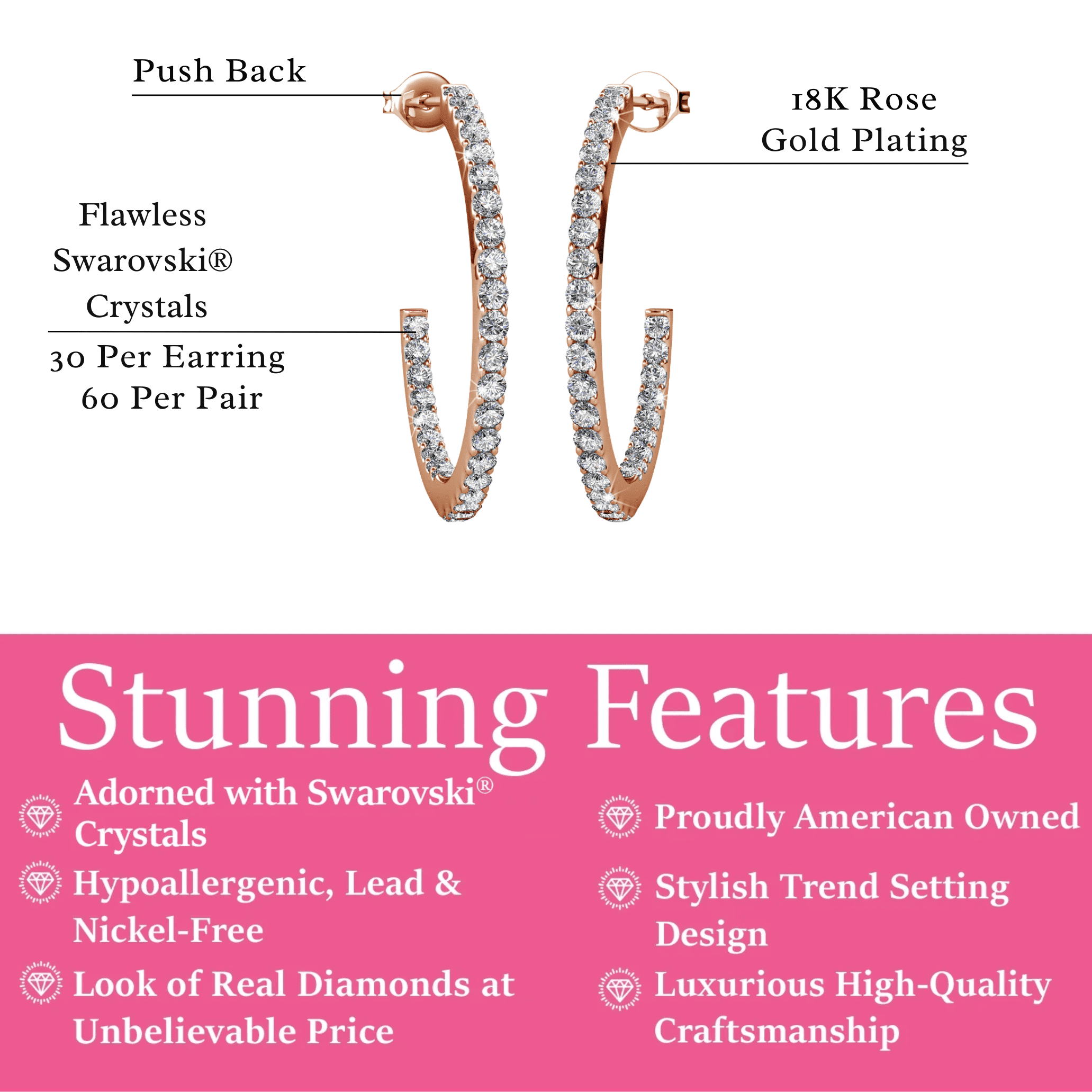 Cate & Chloe Rosalyn 18k Rose Gold Plated 20mm Hoop Earrings with Swarovski Crystals for Women