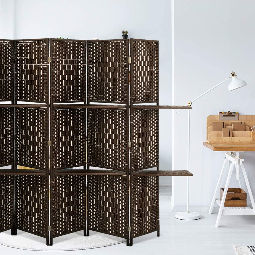 FDW 6 Panel Room Divider Wooden Portable Partition Screen Wood with Removable Storage Shelves Color, Brown