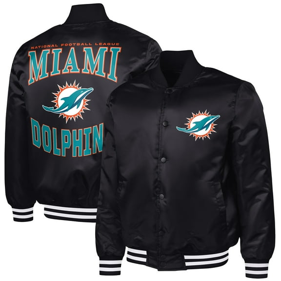 Men's G-III Sports by Carl Banks Black Miami Dolphins Adaptive Team Graphic Satin Full-Snap Varsity Jacket