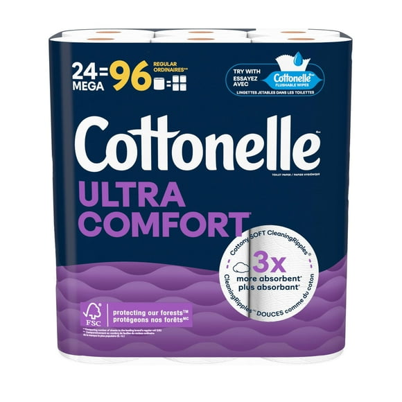 Cottonelle Papier Toilette Ultra Confort, Papier Hygiénique Résistant, 24 Méga Rouleaux (24 Méga Rouleaux 96 Rouleaux Réguliers), 244 Feuilles par Rouleau, Emballage Peut Varier