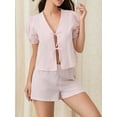 thumbnail image 3 of Gupgi Ensemble de Pyjama 2 Pcs à Rayures pour Femmes, Manches Courtes Bouffantes, Chemise à Nouer devant, Shorts à Taille Élastique, 3 of 8