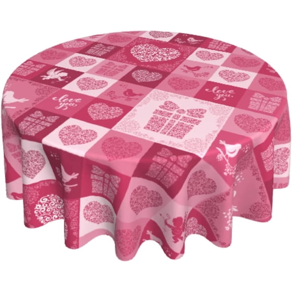 Valentines Day Tablecloth Round 60 Inch Romantic Pink Hearts Decorative Table Cloth Wrinkle Resistant Polyester Circle Table Cover for Kitchen Dining Room Outdoor Picnic Patio Wedding Party