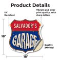 thumbnail image 2 of Salvador's Garage 18 inch X 18 inch Shield Shaped Heavy Duty 3.2 mil Vinyl Decal Weather Resistant, UV Protected To last, Gift for Dads and Uncles Classic Americana Crafted in the USA, 2 of 6