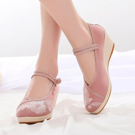 

PhoneSoap Women s Wedges Embroidered Canvas Shoes Chinese Style Soft Bottom Casual Shoes Pink